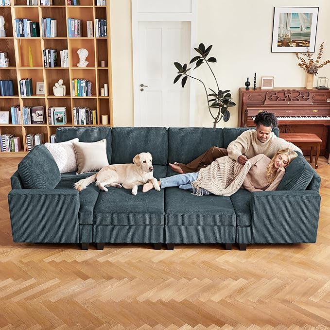 Nolany Sectional Couch with Storage Ottoman, Corduroy Sleeper Sectional Sofa with Chaise, Modular Sectional Couches for Living Room, Blue