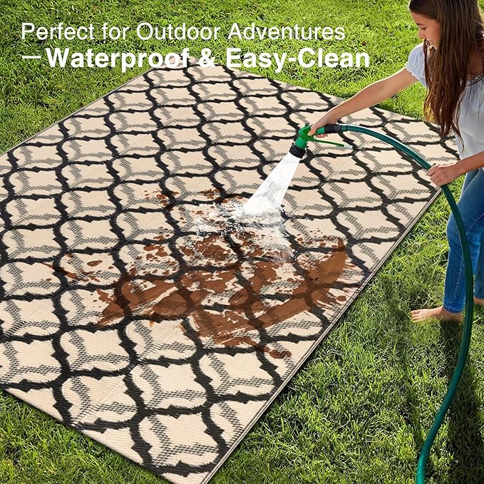 OLANLY Reversible Outdoor Rug 5x8 ft Clearance, Waterproof Outdoor Plastic Straw Rug with Interlacing Pattern, RV Mat for Patio, Camping, Balcony, Deck, Backyard, Black & Beige