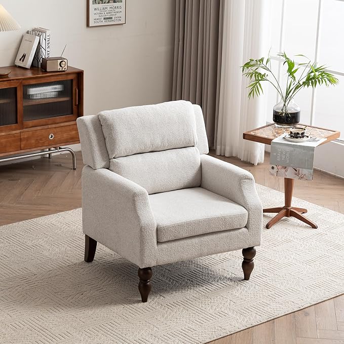 Kidol & Shellder Beige Oversized Accent Chair for Living Room Mid Century Modern Reading Chair with Back Wide Upholstered Comfy Single Sofa Chair for Bedroom Lounge Side Corner Boucle Fabric Armchair