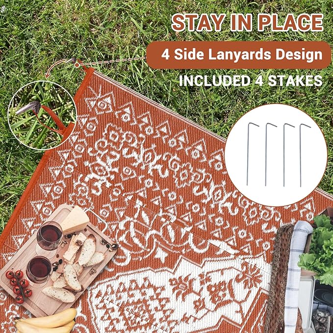 GAOMON Outdoor Rug for Patio 9x18 Waterproof Reversible Plastic Straw Rug, Large UV-Resistant Portable RV Camping Mats, Indoor Outdoor Medallion Carpet for Outside Deck Porch Garden, Red & White