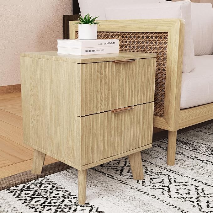 Fluted Nightstands Set of 2, Mid Century Modern 2 Drawer Dresser for Bedroom, Small Night Stand Side Table End Table with Wood Drawer Storage for Bedroom Closet, Natural