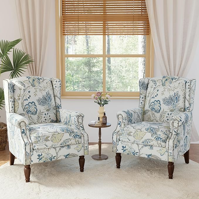 Lumibee Wingback Accent Chair, 2 Set High Back Floral Armchairs in Fabric,Comfy Upholstered Reading Single Sofa Chairs with Solid Wood Legs for Living Room,Bedroom,Office-Plants Blue