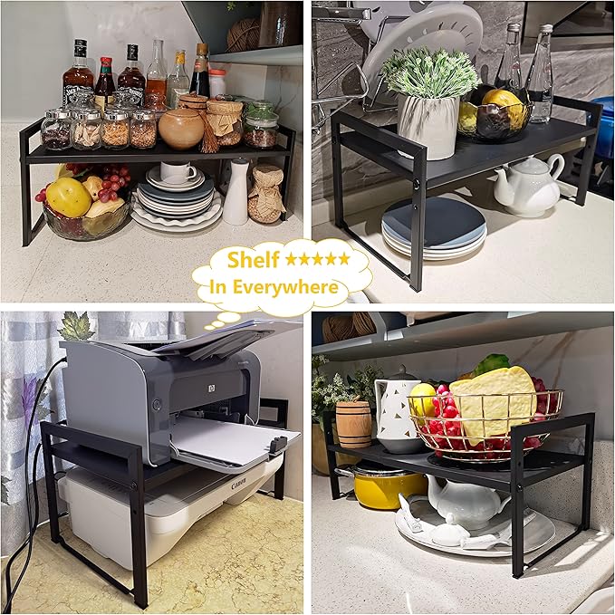 Expandable Cabinet Shelf Organizer 16-26" L Stackable Kitchen Counter Shelf Sink Rack Countertop Storage Black (Wide 10.6”D)