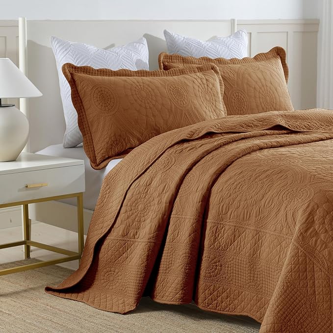 MarCielo 3-Piece 100% Cotton Oversized Bedspread Lightweight Quilt Coverlet Embroidery Farmhouse Bedding Set (Tf Dusty Orange, Oversized Queen (100"x106"))