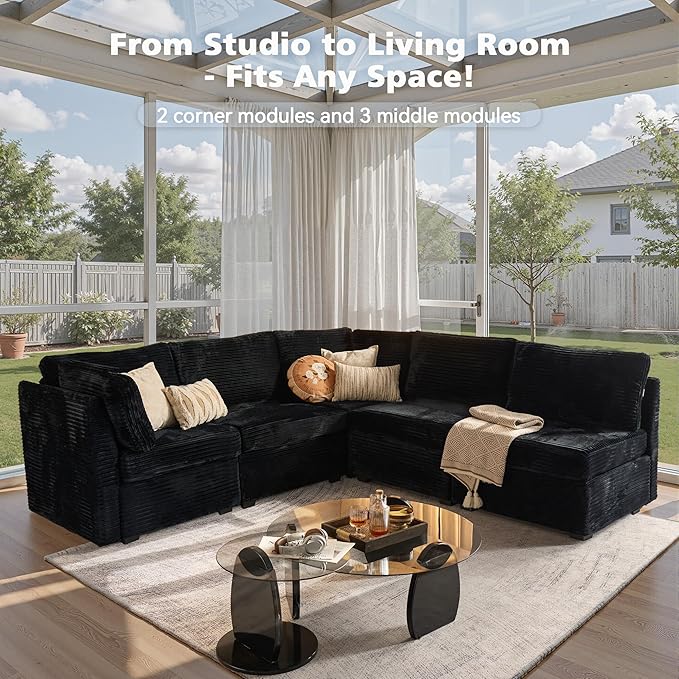Modular Sectional Sofa with Chaise U Shaped Sectional Couch for Living Room, 5-Seater Comfy Cloud Couches, Plush Corduroy, Black