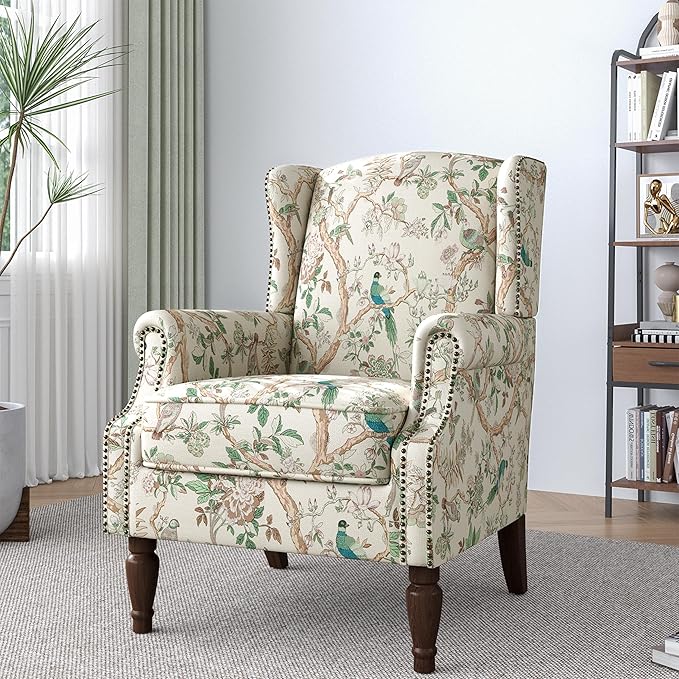 Lumibee High Back Accent Chair, Armchair in Fabric,Comfy Upholstered Wingback Single Sofa Reading Chair with Solid Wood Legs for Living Room,Bedroom,Office-Bird
