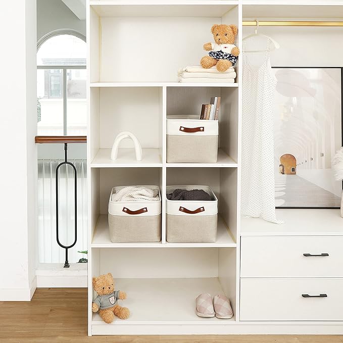 OrganiHaus Large Fabric Storage Baskets for Shelves 3 Pack, 15x11in Closet Storage Bins for Shelves, Cloth Baskets for Organizing, Linen Closet Organizers, Fabric Basket, Beige/White