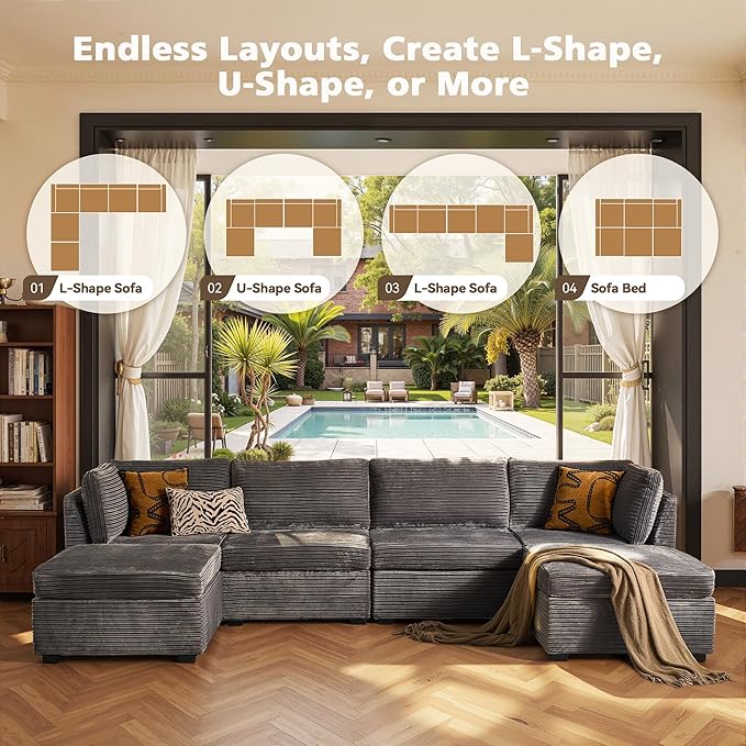 Modular Sectional Sofa, 130.7 Inch U Shaped Couch Set for Living Room, 4-Seater Comfy Cloud Couches with Two Movable Ottoman, Plush Corduroy, Gray