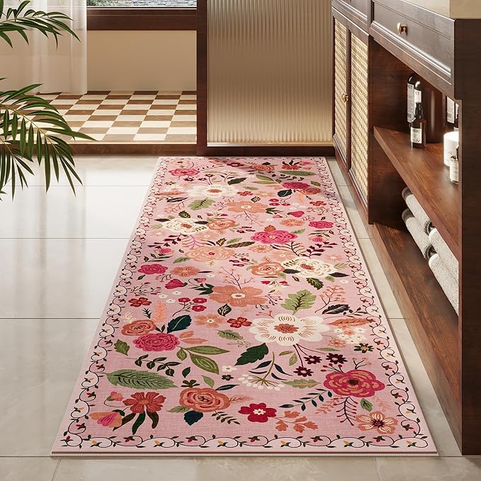 Runner Rug for Hallways Kitchen Rug Non Slip 2'6''x8' Washable Runner Rugs with Rubber Backing Soft Floral Carpet Runner for Hallways, Kitchen, Laundry, Bedroom, Bathroom(Pink)