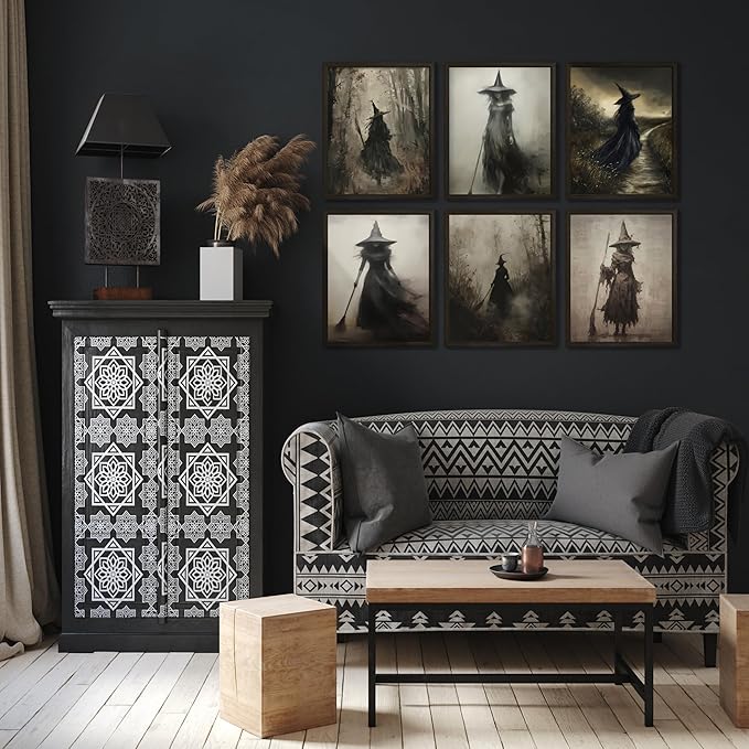 LANCHI95 6 Pcs 8x10in Vintage Rustic Witch Posters Halloween Wall Art Witch in The Forest Painting Prints Goth Dark Moody Wall Decor for Living Room Bedroom 8x10 in (UNFRAMED)