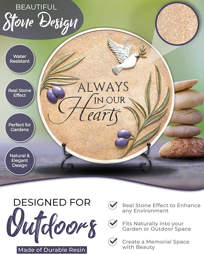 Spiritwind 10-Inch Garden Memorial Stone with Included Plaque Stand & Sympathy Card, Memorial Plaques for Outdoors with Peace Dove Amongst Olive Branches, Memorial Stepping Stone for Loss of Loved One