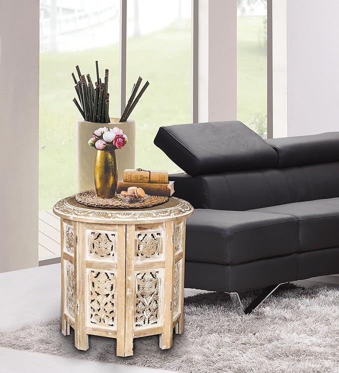 Lightnpro Hand Carved Solid Mango Wood Octagonal Accent Table - 18"×18" White Wash Farmhouse Vintage Home Décor Round End Table for Living Room, Bedroom, Entryway - Rustic Boho Side Table
