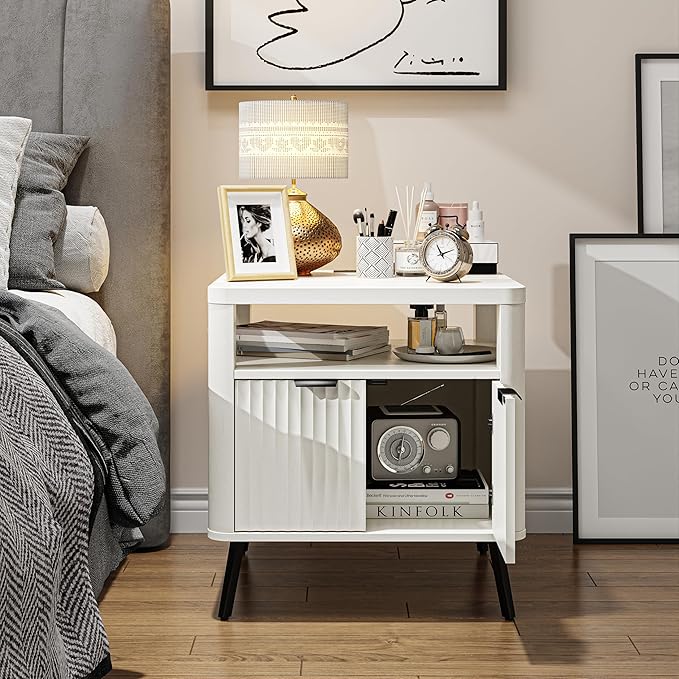 Nightstand Set of 2 with Charging Station, 24" End Table Side Table with Open Shelf, Modern Large Wood Fluted Bedside Cabinet for Bedroom, Living Room, White