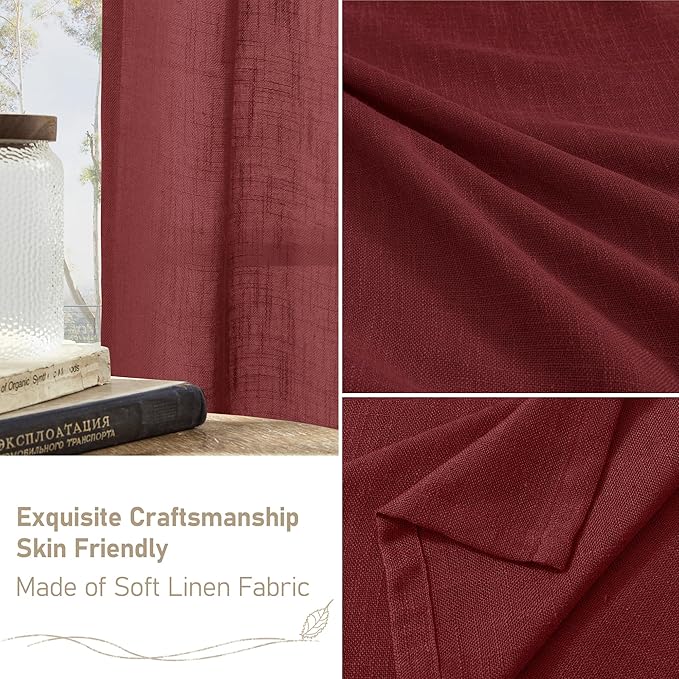 LAMIT Burgundy Red Linen Curtains 72 Inch for Living Room, Bronze Grommet Linen Textured Christmas Curtains Light Filtering Drapes for Bedroom/Dining Room, Set of 2, 52 x 72 Inch