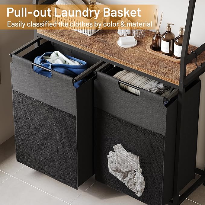 Lulive Double Laundry Hamper with Shelf, Laundry Basket with 3 Tier Storage Shelves & 4 Removable Hooks, Tall Laundry Sorter Clothes Hamper with Pull-Out Bags for Bathroom, Laundry Room