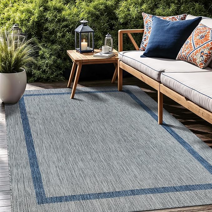 Bordered Outdoor Rug 10x14 Washable Outside Carpet for Indoor Patio Porch Waterproof Easy Cleaning Non Shedding Area Rugs Silver Gray - Blue 10 x 14