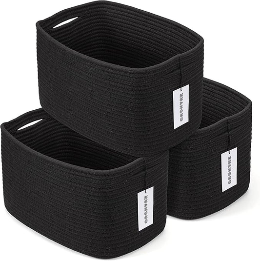 Cotton Rope storage Basket Bins 14.5X9.5X9.3“ Woven Basket for Organizing Shelves Rectangle Decorative Baskets For storage Clothes Toys Books Towels Square Wicker Nursery basket organizer 3 pack black