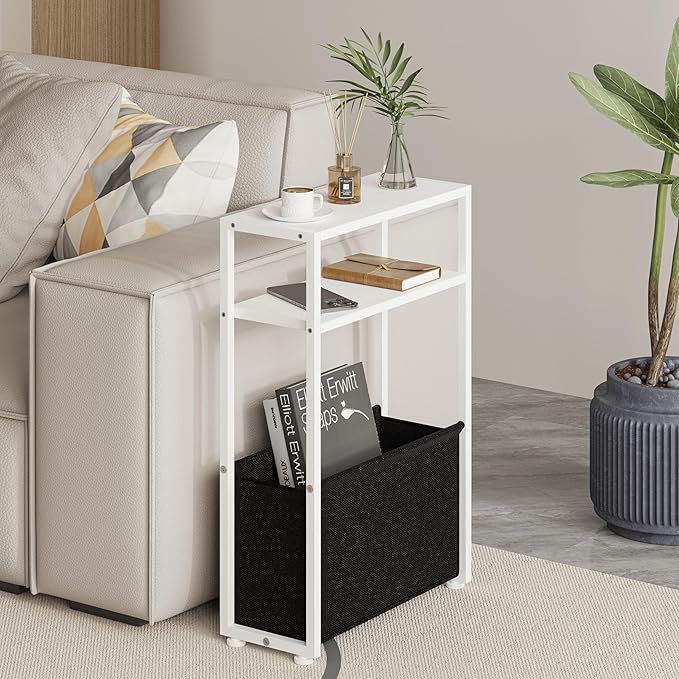 Narrow Side Table, Slim End Tables with Fabric Basket, Skinny Table for Small Spaces, Thin Bedside Table for Living Room, Bedroom, White, ZBZ01