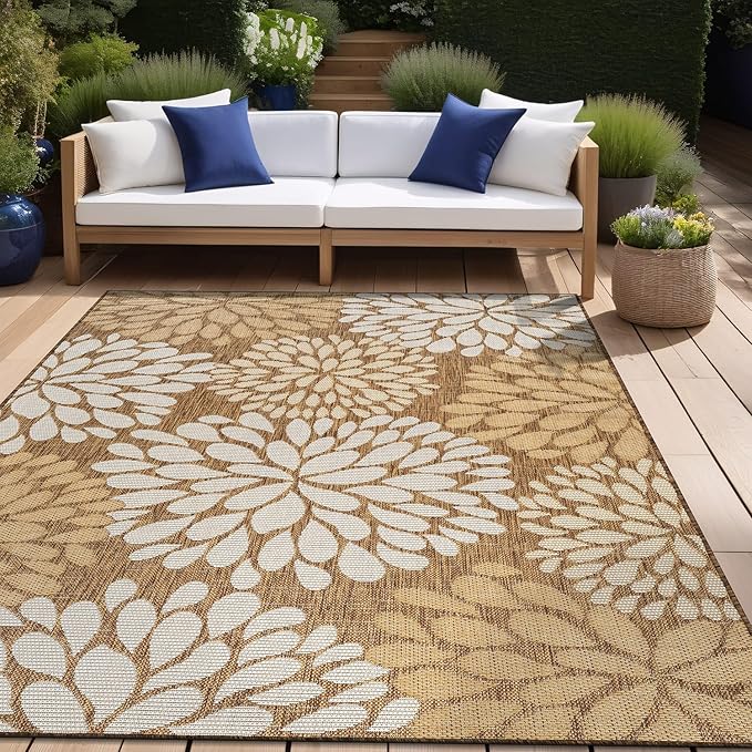 Beverly Rug Outdoor Rug 5x7 Modern Exotic Tropical Leaf Area Rugs for Indoor and Outdoor Patio Deck Porch Garden Water Resistant Washable Outside Carpet (5 x 7 Wooden)