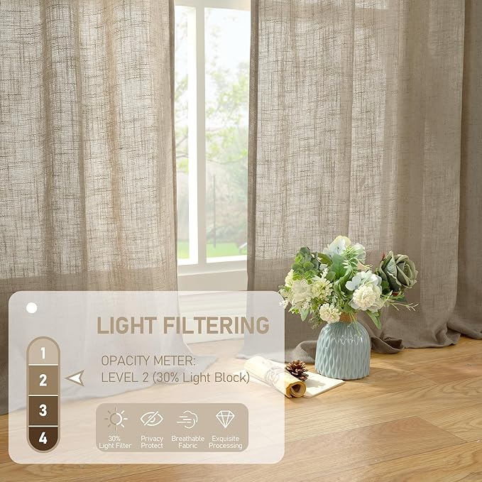 LAMIT Taupe Linen Curtains 72 Inch Length for Bedroom Living Room, Linen Textured Window Drapes Semi Sheer Light Filtering Bronze Grommet Burlap Look Farmhouse Country Decor, 2 Panels, 52 x 72 Inch
