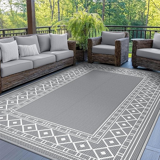 GENIMO Outdoor Rug Waterproof for Patio Decor, 8'x10' Reversible Outdoor Plastic Straw Rug Carpet, Camping Mats for Outdoor Decor, RV, Backyard, Deck, Balcony, Picnic, Grey & White