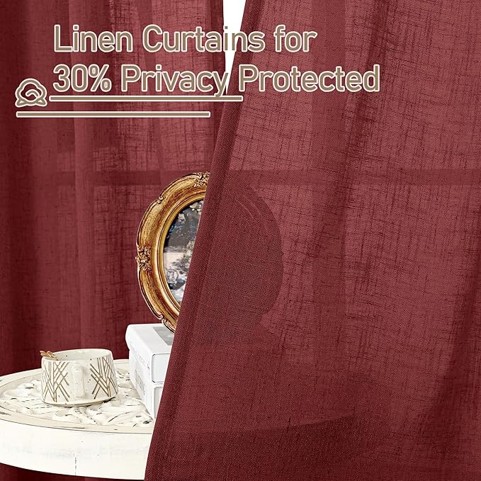 LAMIT Burgundy Red Sheer Linen Curtains 63 Inch Length, Linen Textured Light Filtering Panels Bronze Grommet Christmas Decor Drapes for Bedroom/Living Room, 2 Panels Set, 34 x 63 Inch