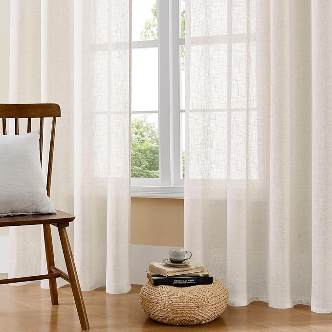 Joydeco Light Filtering Curtains 96 Inch Length for Bedroom, Linen Curtains 96 Inch Length 2 Panels Set for Living Room，White Semi Sheer Drapes 96 Inches Long with Rod Pockets