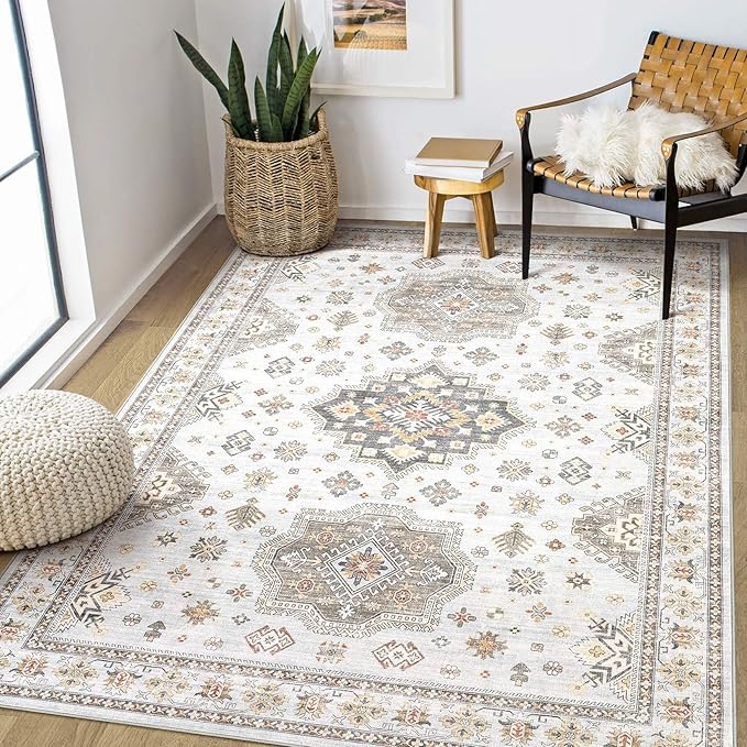 Washable Area Rugs for Living Room - 5x7 Neutral Vintage Distressed Floral Farmhouse Boho Large Soft Floor Rug Indoor Non Slip Carpet for Living Room Bedroom Dining Room Office - Blue Brown