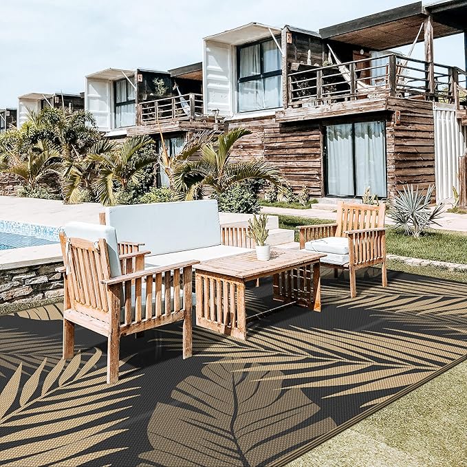 GENIMO Outdoor Rug 10' x 20' Waterproof for Patios Clearance, Reversible Outdoor Plastic Straw Camping Rug Carpet, Large Area Rugs Mats for RV, Camper, Deck, Balcony, Porch, Beach, Picnic, Black&Brown