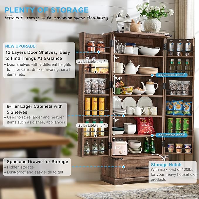 72‘’ Farmhouse Kitchen Pantry Cabinet with Drawer, Tall Storage Cabinet with 2 Barn Doors and Shelves, Versatile Large Rustic for Dining Room, Bathroom, Living Room, Laudry, Brown