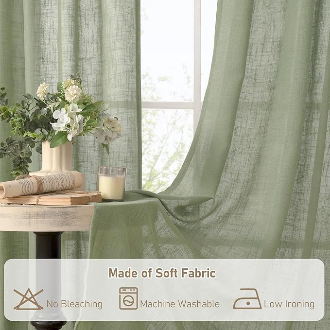 LAMIT Living Room Linen Curtains 95 Inch for Bedroom, Bronze Grommet Linen Textured Sheer Curtains Light Filtering Burlap Drapes for Farmhouse, 2 Panels, 52 x 95 Inch, Sage Green