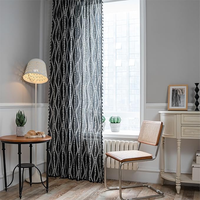 Sutuo Home Boho Curtains 96 Inches Long for Bedroom Living Room Kitchen, Stripe Floral Bohemian Tassels Country Window Treatment Drape for Halloween Decorations Rod Pocket, 1 Panel 59"W x 96"L,Black