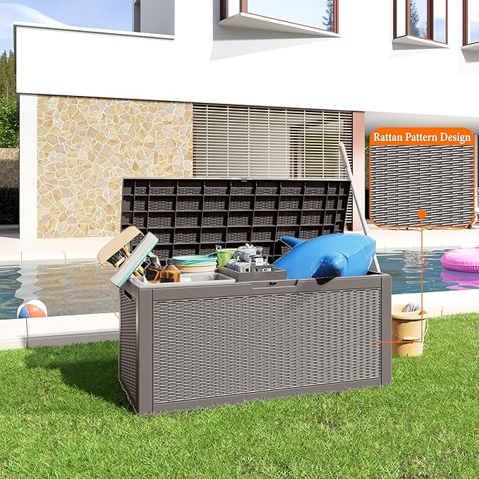 100 Gallon Resin Deck Box, Lockable Patio Outdoor Storage Box for Furniture, Garden Tools and Tools Storage, Waterproof Outside Storage Boxes - Grey