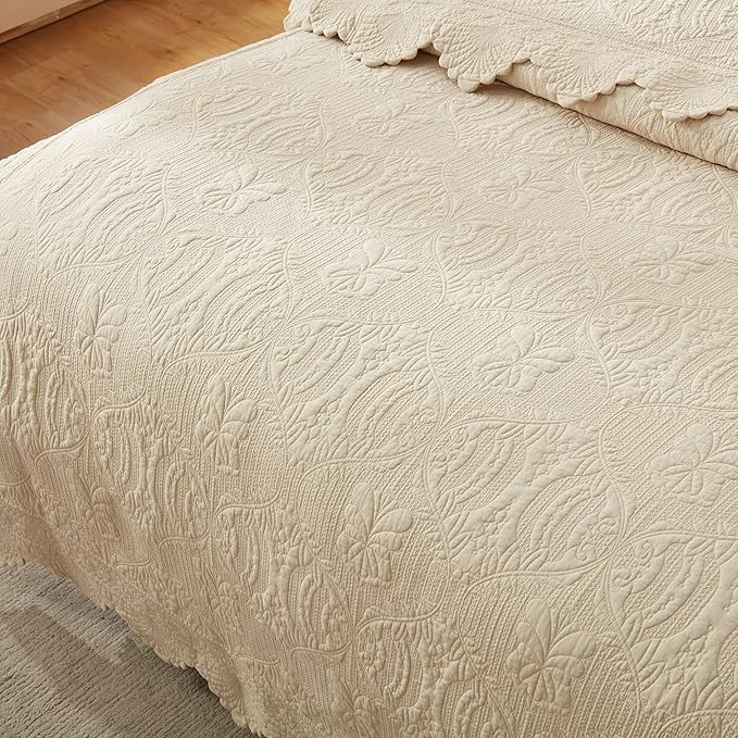 MarCielo 3-Piece 100% Cotton Oversized Bedspread Lightweight Quilt Coverlet Embroidery Farmhouse Bedding Set(TL Beige,Oversized Queen (100"x106"))