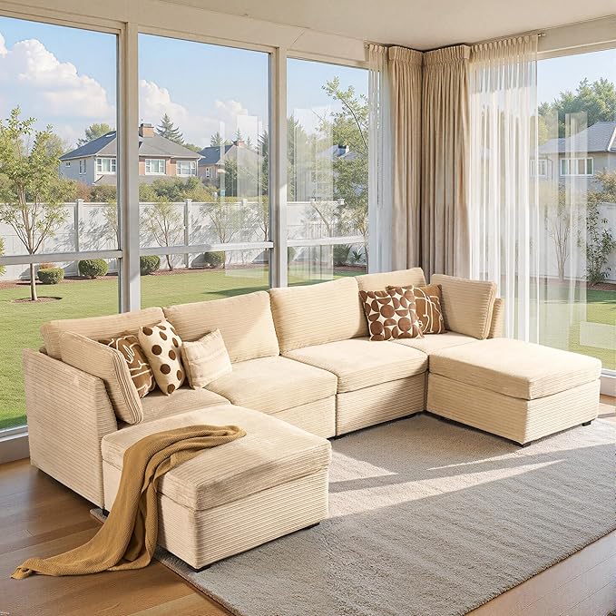 Modular Sectional Sofa, 130.7 Inch U Shaped Couch Set for Living Room, 4-Seater Comfy Cloud Couches with Two Movable Ottoman, DIY Combination, Plush Corduroy, Beige