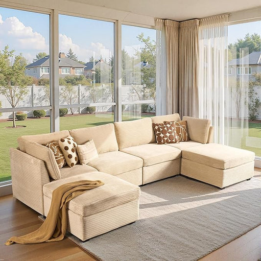 Modular Sectional Sofa, 130.7 Inch U Shaped Couch Set for Living Room, 4-Seater Comfy Cloud Couches with Two Movable Ottoman, DIY Combination, Plush Corduroy, Beige