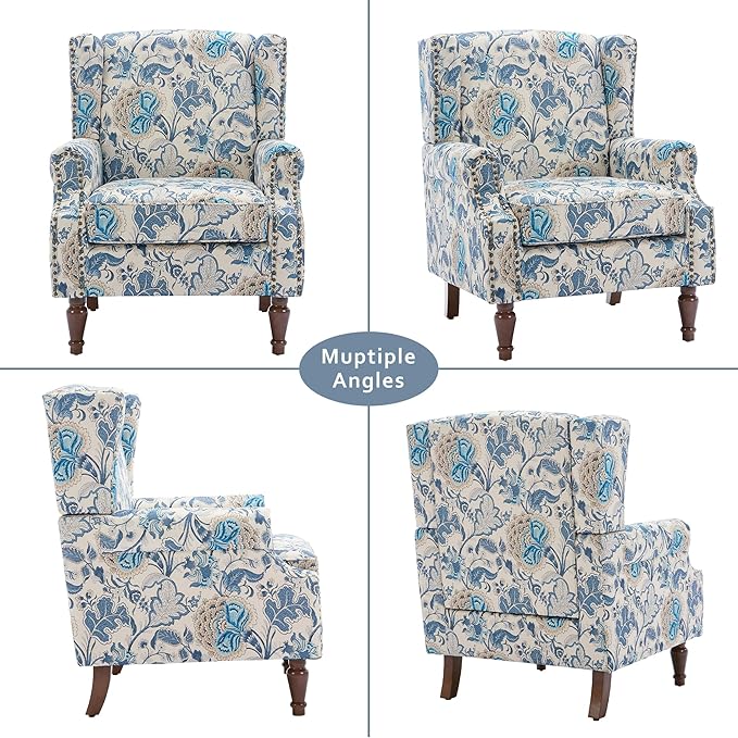 Lumibee Wingback Accent Chair, 2 Set High Back Floral Armchairs in Fabric,Comfy Upholstered Reading Single Sofa Chairs with Solid Wood Legs for Living Room,Bedroom,Office-Boho Blue