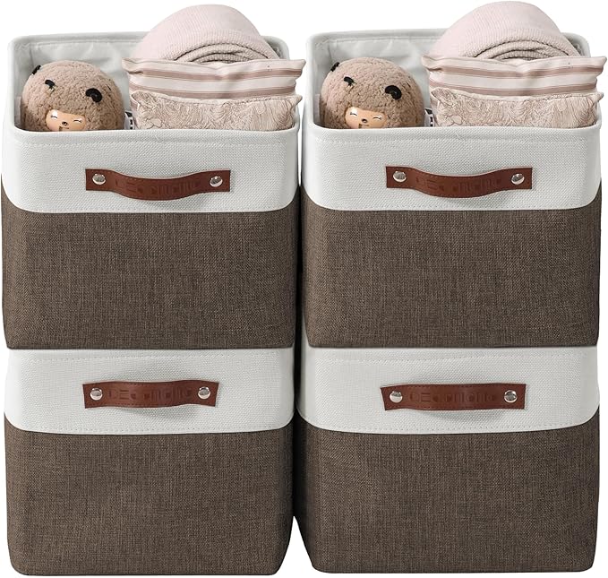 DECOMOMO Storage Bins Fabric Storage Baskets for Shelves, Linen Closet Organization Toys Nursery (Brown and White, Large - 4 Pack)