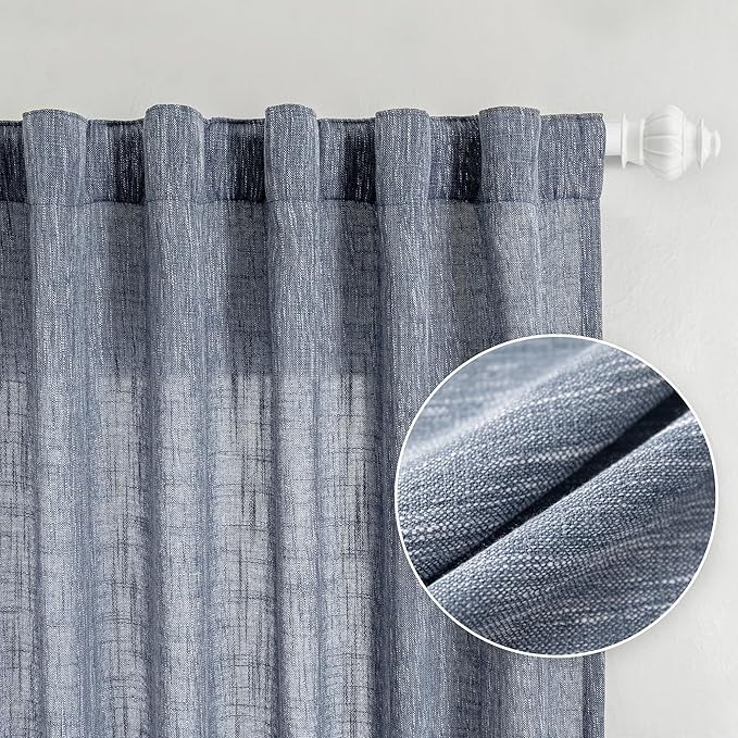 MYSKY HOME Floor Length Bedroom Curtains 90 Inch Long Panels, Boho Curtains Farmhouse for Living Room Sliding Glass Door, Linen Look Texture Light Filtering Rod Pocket, 50" x 90", Dusty Blue, Pack-2