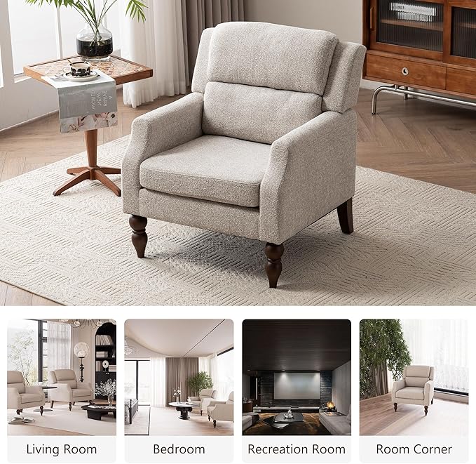 Kidol & Shellder Oatmeal Oversized Accent Chair for Living Room Set of 2 Modern Reading Chair with Back Wide Upholstered Comfy Single Sofa Chair Bedroom Lounge Side Corner Boucle Fabric Armchair