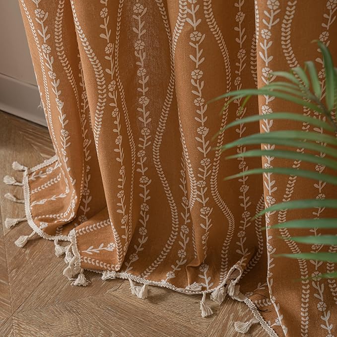 Sutuo Home Boho Curtains for Bedroom Dining Room 96 Inches Long, Printed Cotton Linen Rod Pocket Vintage Farmhouse Bohemian Tassels Window Treatment, 1 Panel 59" W x 96" L, Terracotta Stripe Florals