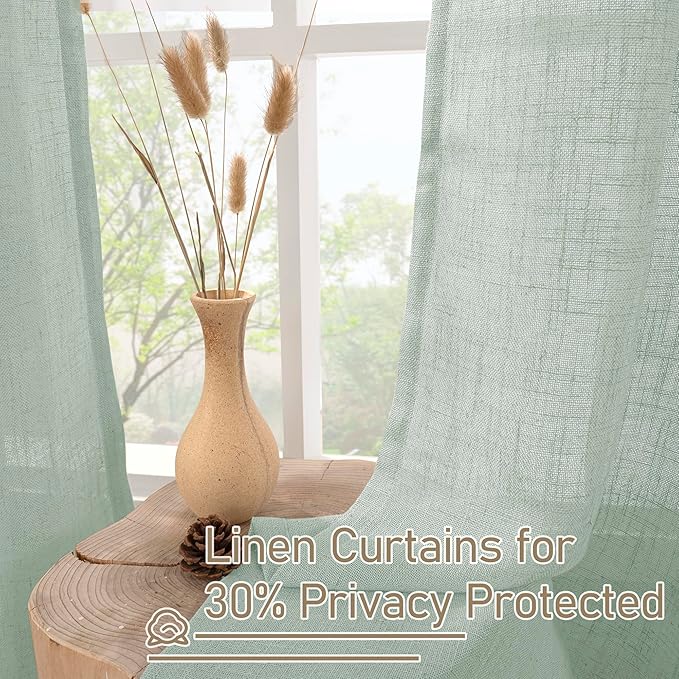 LAMIT Living Room Linen Curtains 95 Inch for Bedroom, Bronze Grommet Linen Textured Sheer Curtains Light Filtering Burlap Drapes for Farmhouse, 2 Panels, 52 x 95 Inch, Light Sage