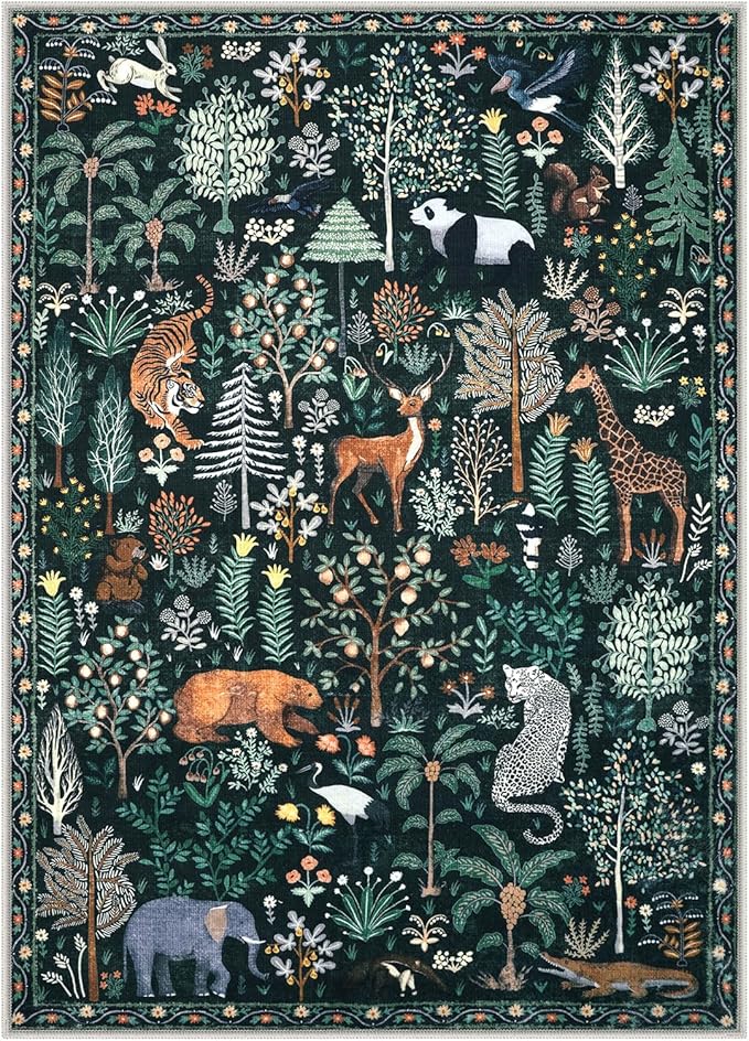 OJIA Jungle Print 9x12 Area Rugs for Living Room, Green Soft Bedroom Rug Washable Rugs 9x12, Modern Dining Room Rug Stain Resistant Ultra-Thin Floor Carpet for Playroom Kids Room Nursery