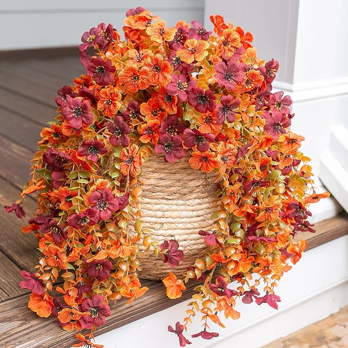 INSPRING Fake Autumn Flowers for Outdoors, 2Pcs Artificial Fall Light Orange & Brown Daisy Outside Decor, Fake Hanging Decoration, Realistic Plants, Silk Flower for Porch Patio Balcony Planter