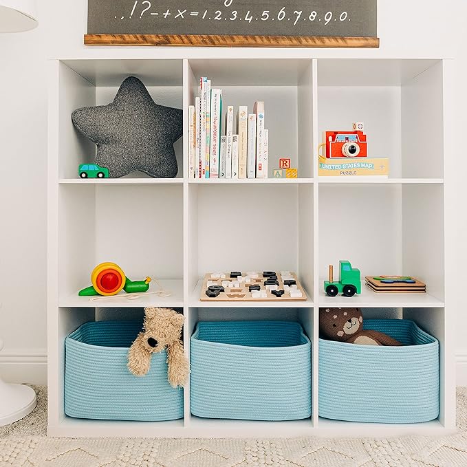 OrganiHaus Woven Storage Baskets for Organizing, Cotton Rope Organizer Bins for Shelves, Closet & Nursery, Dog Toy Basket, Decorative Bins for Toys, Towels & Books - 15x10x9, Blue