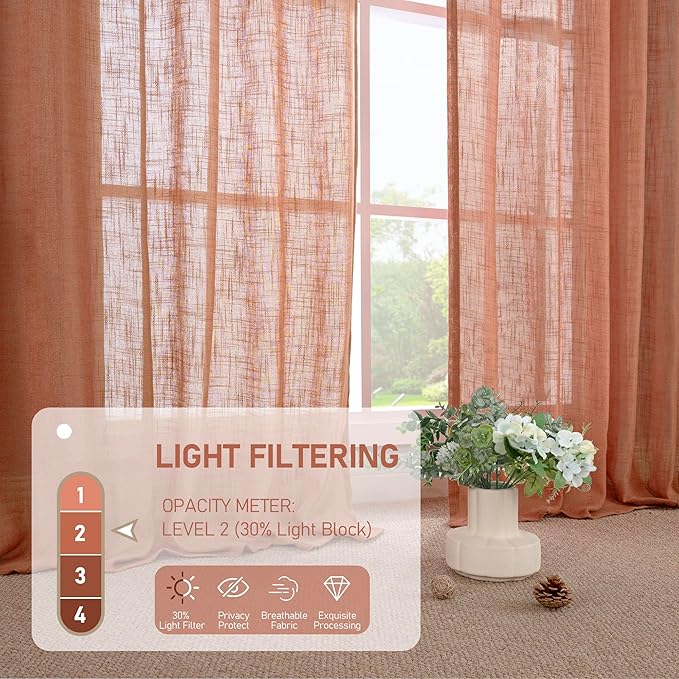 LAMIT Short Linen Curtains 40 Inch Length for Kitchen, Semi Sheer Light Filtering Window Curtains Farmhouse Boho Bronze Grommet Panels for Cafe/RV Camper, Terracotta, 2 Panels, 34 x 40 Inch