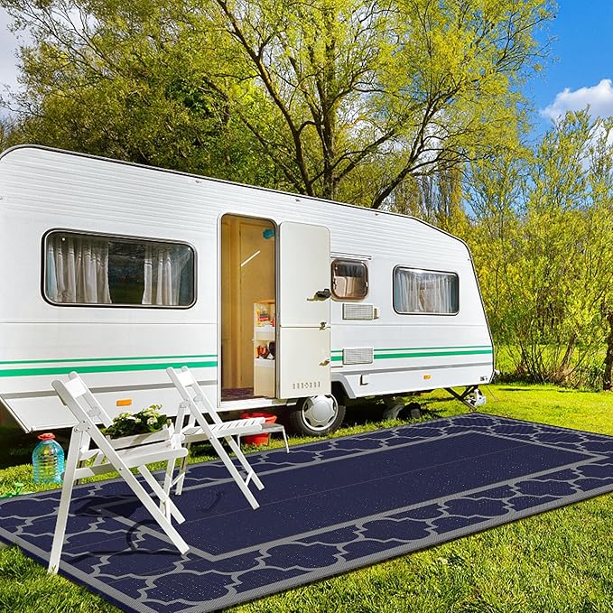 GENIMO 9 ' x 18 ' Outdoor Rug Waterproof for Patio Decor, Foldable Reversible Plastic Straw Area Rugs Mat for Camper, Outside Carpet for Rv, Deck, Porch, Picnic, Beach, Balcony, Blue & Grey