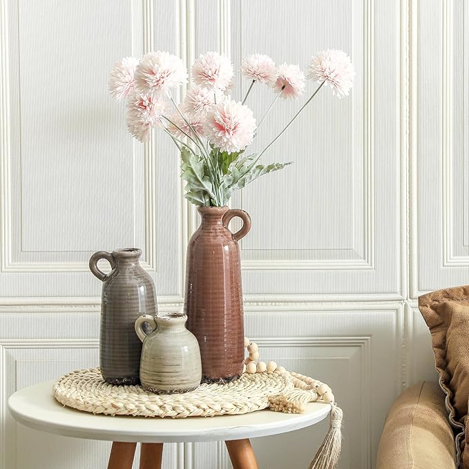 Ceramic Vases Set of 3, Neutral Rustic Farmhouse Vase with Handle, Decorative Flower Vases Home Decor Modern Boho Pampass Vase for Table Mantel Entryway Shelf Living Room Kitchen Bathroom - Brown