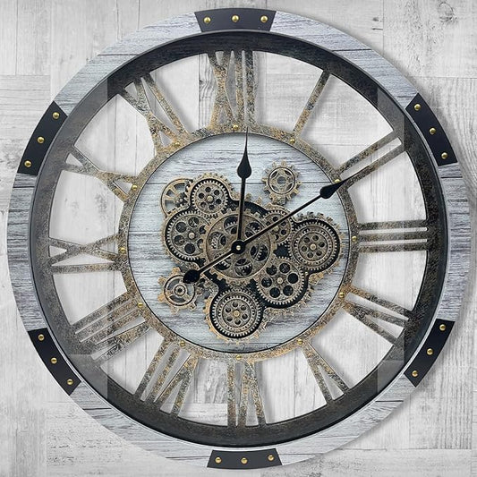 DORBOKER 24" Large Wall Clock with Moving Gears,Oversize Vintage Industrial Rustic Farmhouse Clocks for Living Room Decor Office Home,Solid Wood HD Tempered Glass Cover,Silver Grey