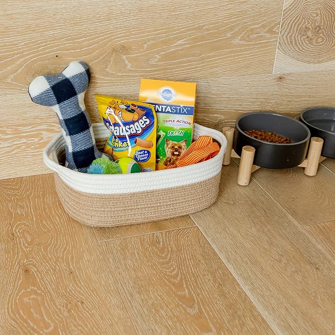 NaturalCozy 5-Piece Rectangle Storage Basket Set- Natural Cotton Rope Woven Baskets for Organizing! Small Basket for Montessori, Baby Nursery, Dog Toy Baskets, Cat Toy Box, Bathroom Organization Bin